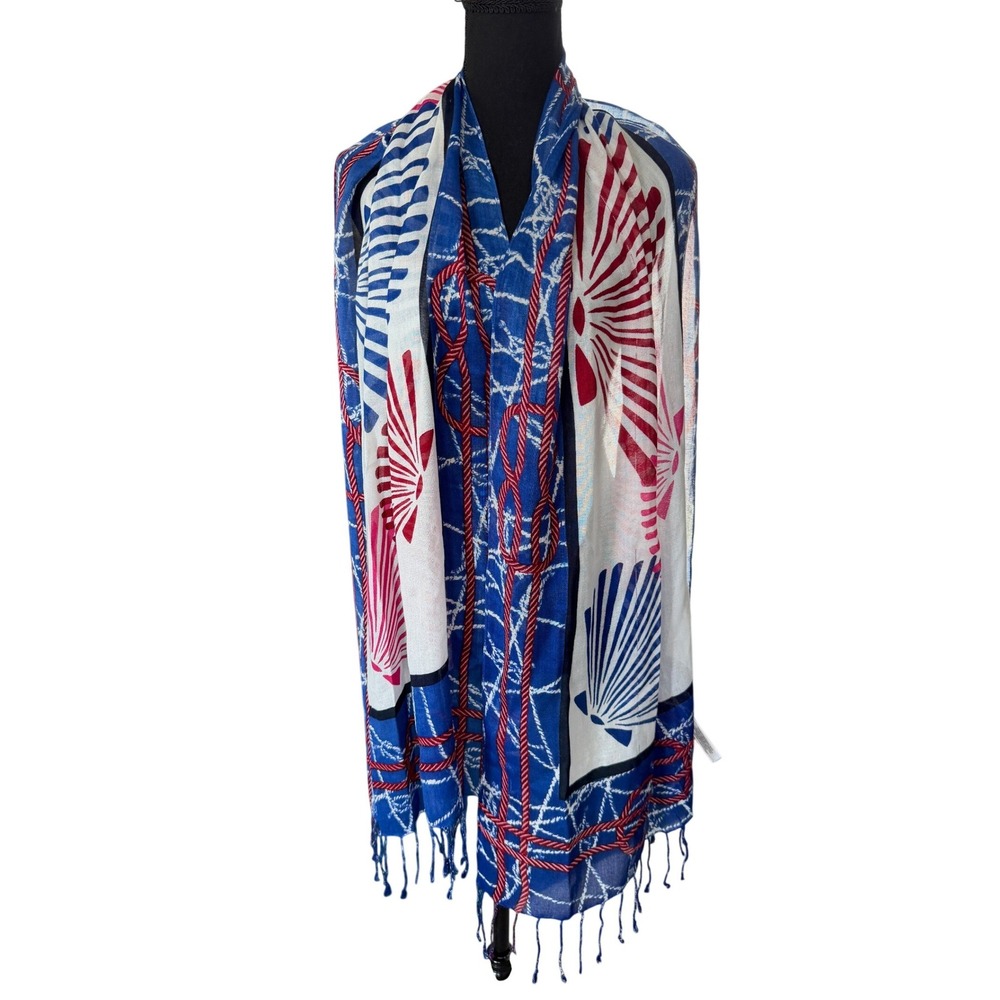 Talbots Nautical Seashell Rope Print Scarf Blue Red White Modal Viscose Wrap